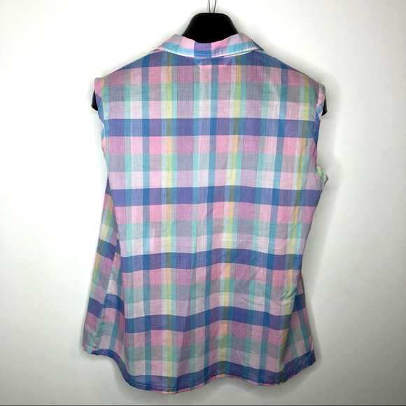 VINTAGE 70s Pastel Retro Blouse Buttoned Tank Top Shirt Checkered Plaid Large - Picture 6 of 9